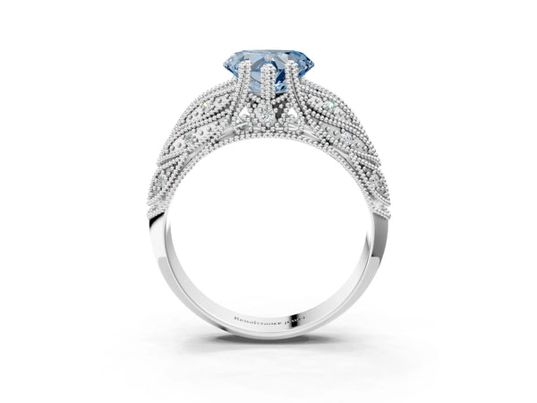 Platinum Fancy Blue Heart Cut Cut Milgrain Pave Diamond Engagement Ring with Four-Prong Setting