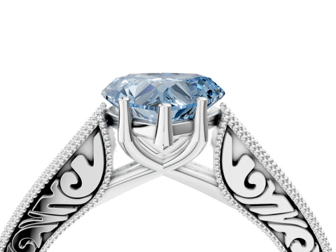 White gold Fancy Blue Heart Cut Cut Pave Band Milgrain Solitaire Ring_10
