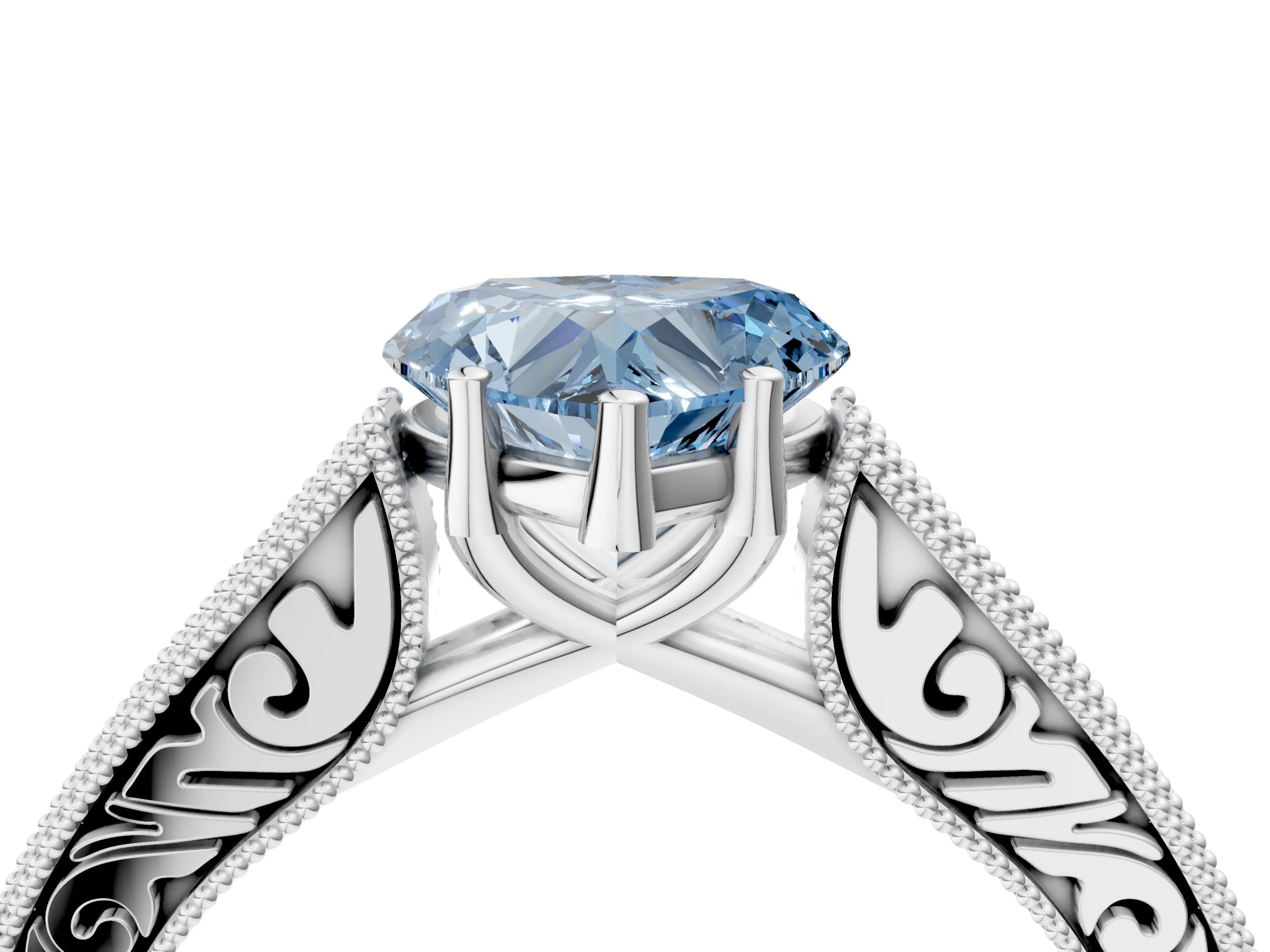 White gold Fancy Blue Heart Cut Cut Pave Band Milgrain Solitaire Ring_10
