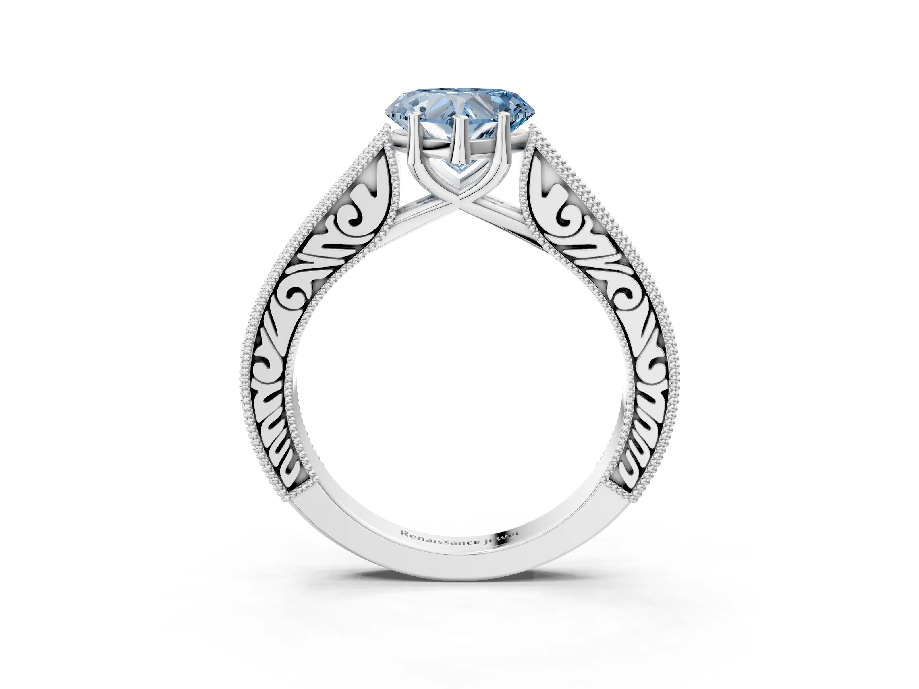 White gold Fancy Blue Heart Cut Cut Pave Band Milgrain Solitaire Ring_3