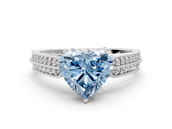 White gold Fancy Blue Heart Cut Cut Pave Split Shank Engagement Ring with Four-Prong Setting