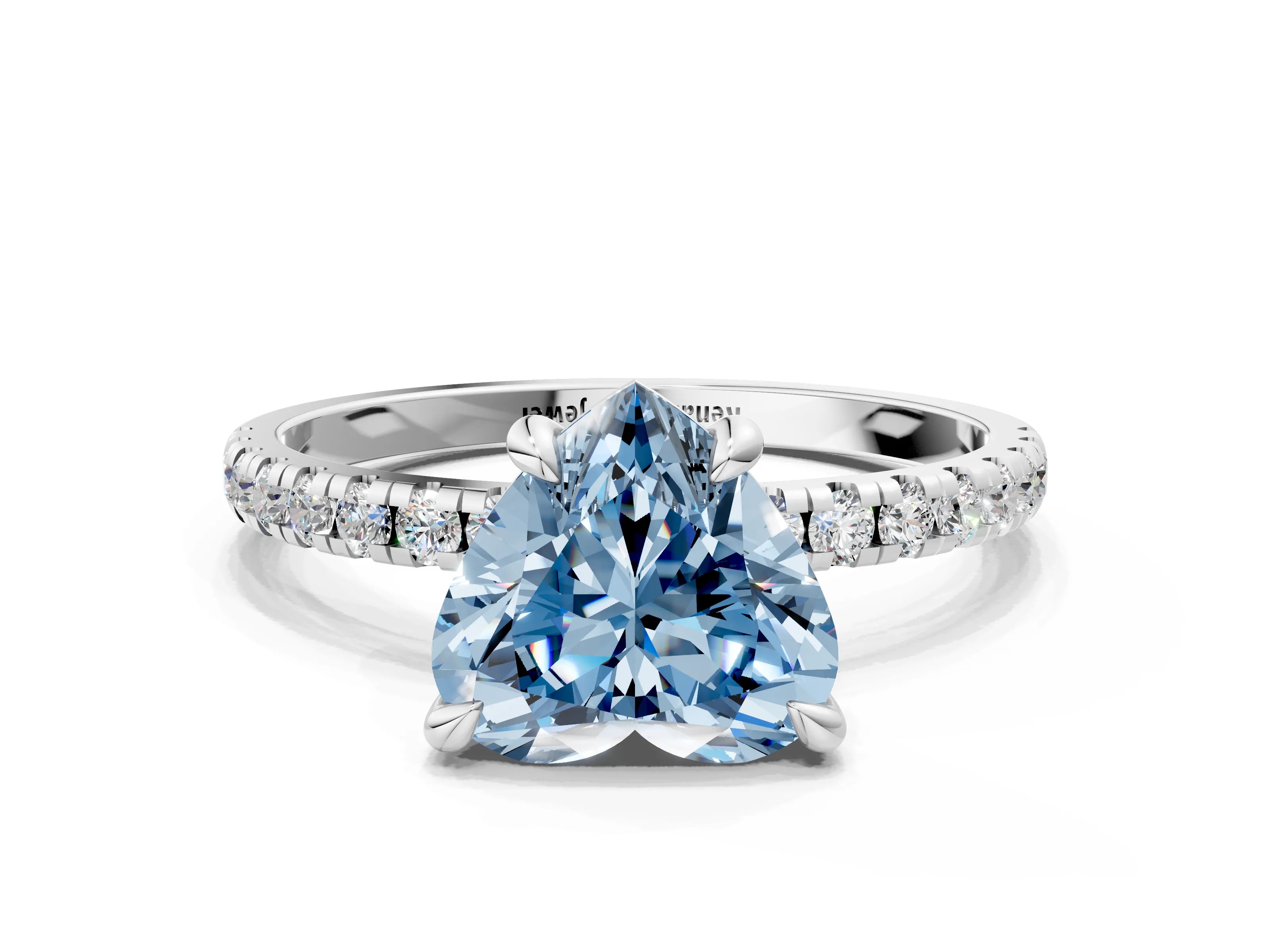White gold Fancy Blue Heart Cut Diamond Brilliant Solitaire Ring with Pavé Band and Four-Prong Setting