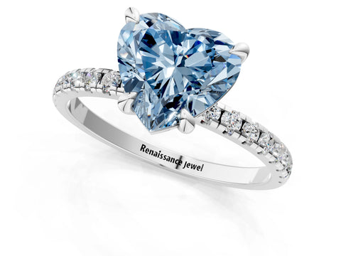 White gold Fancy Blue Heart Cut Diamond Brilliant Solitaire Ring with Pavé Band and Four-Prong Setting_1