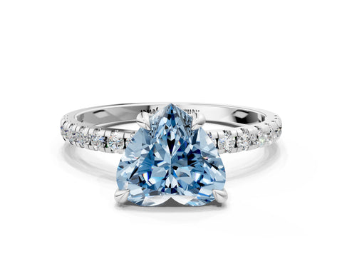 White gold Fancy Blue Heart Cut Diamond Brilliant Solitaire Ring with Pavé Band and Four-Prong Setting