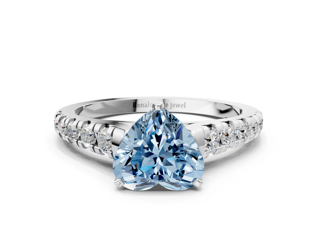 White gold Fancy Blue Heart Cut Diamond Cathedral Solitaire Ring with Round  Pavé Band_154
