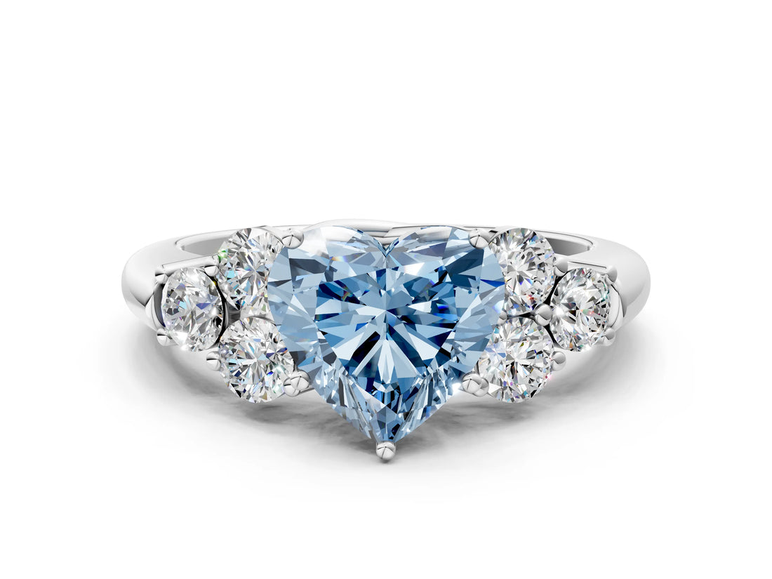 White gold Fancy Blue Heart  Cut Diamond Cluster Ring with Round Accent Stones and Prong Setting on a Classic Band_48