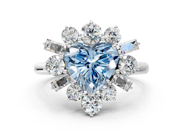 Platinum Fancy Blue Heart Cut Diamond Cluster Ring with Round and Baguette Stones, Split Shank Band, Prong Setting