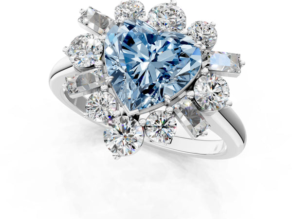 Platinum Fancy Blue Heart Cut Diamond Cluster Ring with Round and Baguette Stones, Split Shank Band, Prong Setting