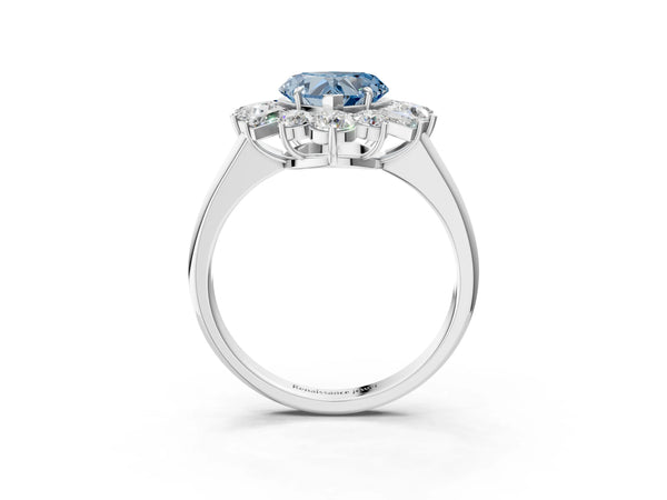 Platinum Fancy Blue Heart Cut Diamond Cluster Ring with Round and Baguette Stones, Split Shank Band, Prong Setting