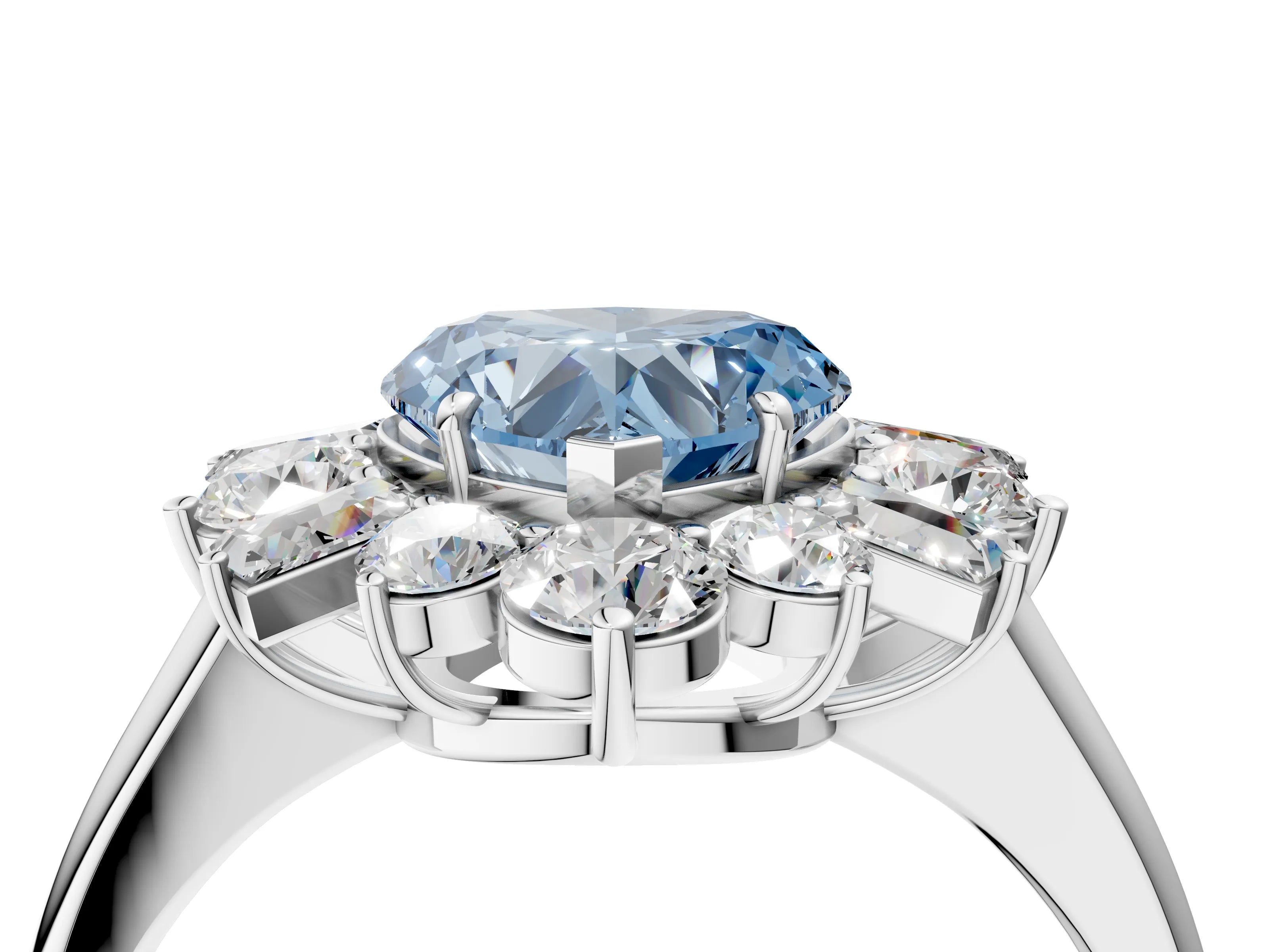 White gold Fancy Blue Heart Cut Diamond Cluster Ring with Round and Baguette Stones, Split Shank Band, Prong Setting_16