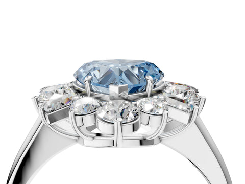White gold Fancy Blue Heart Cut Diamond Cluster Ring with Round and Baguette Stones, Split Shank Band, Prong Setting_16