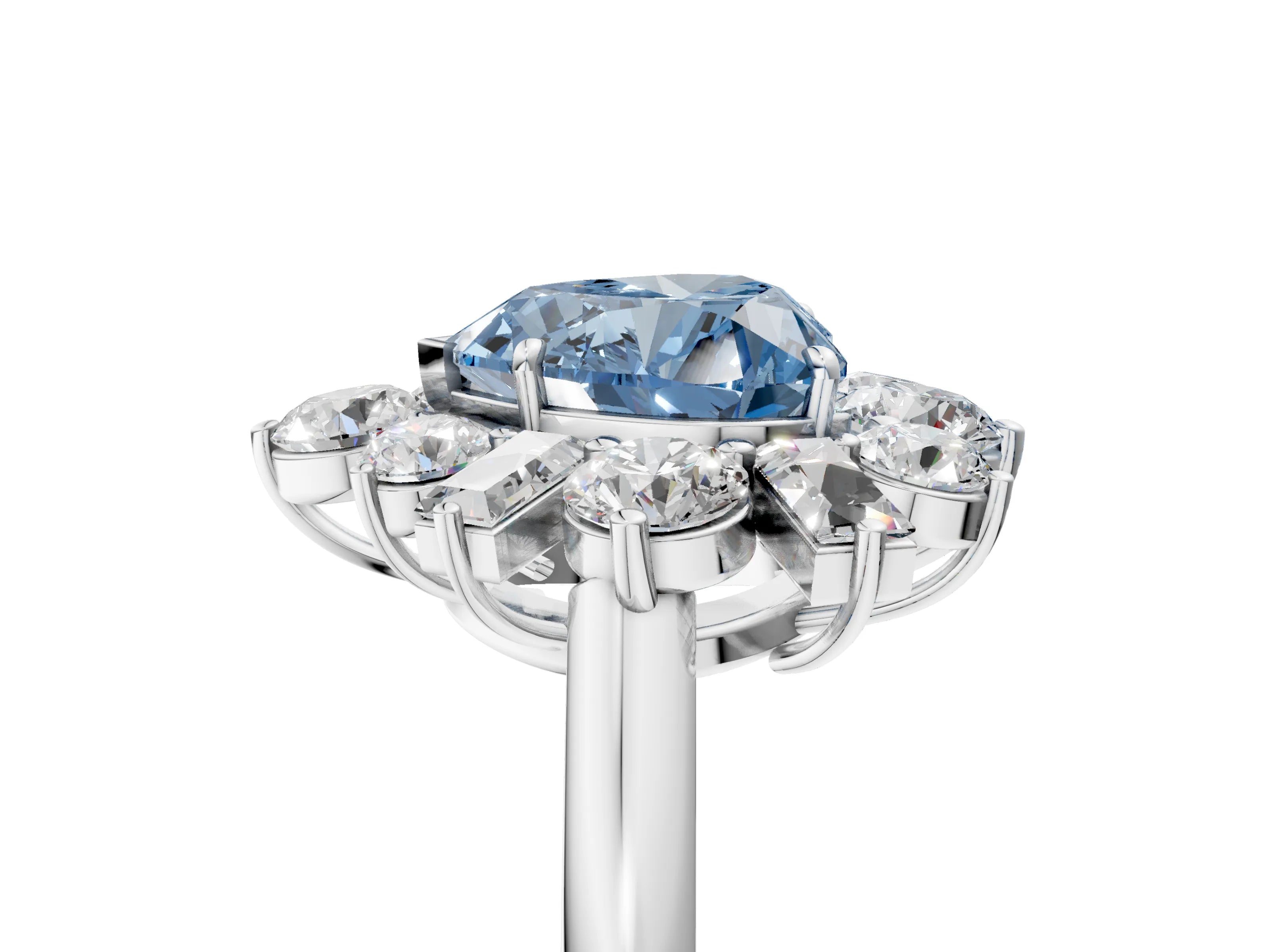 White gold Fancy Blue Heart Cut Diamond Cluster Ring with Round and Baguette Stones, Split Shank Band, Prong Setting_17