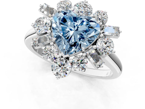 White gold Fancy Blue Heart Cut Diamond Cluster Ring with Round and Baguette Stones, Split Shank Band, Prong Setting_1