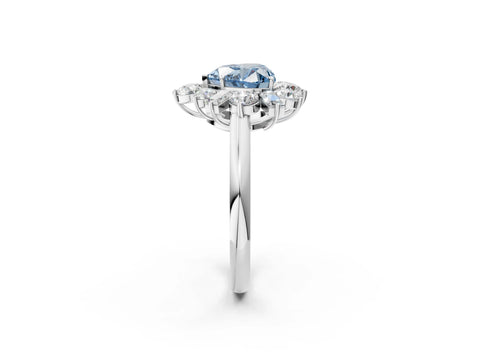 White gold Fancy Blue Heart Cut Diamond Cluster Ring with Round and Baguette Stones, Split Shank Band, Prong Setting_2