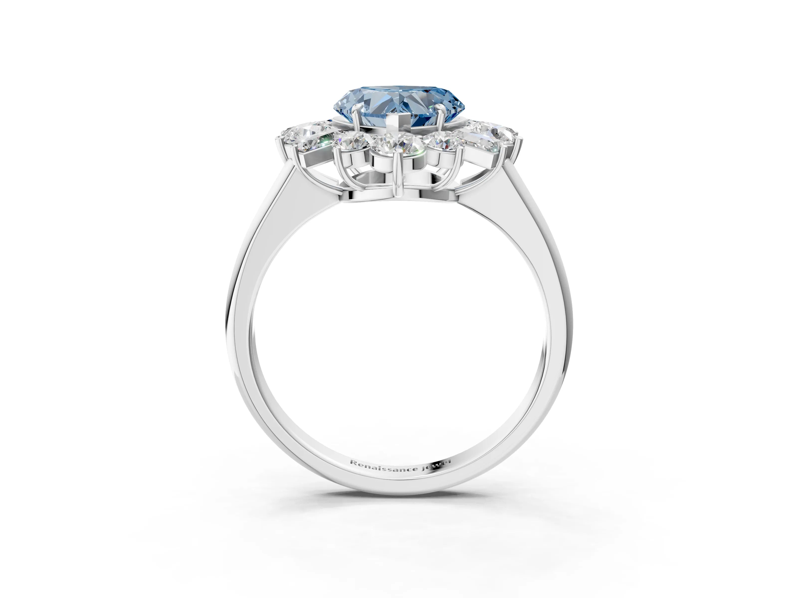 White gold Fancy Blue Heart Cut Diamond Cluster Ring with Round and Baguette Stones, Split Shank Band, Prong Setting_3