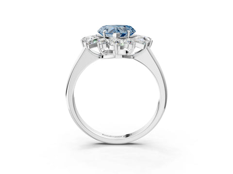 White gold Fancy Blue Heart Cut Diamond Cluster Ring with Round and Baguette Stones, Split Shank Band, Prong Setting_3