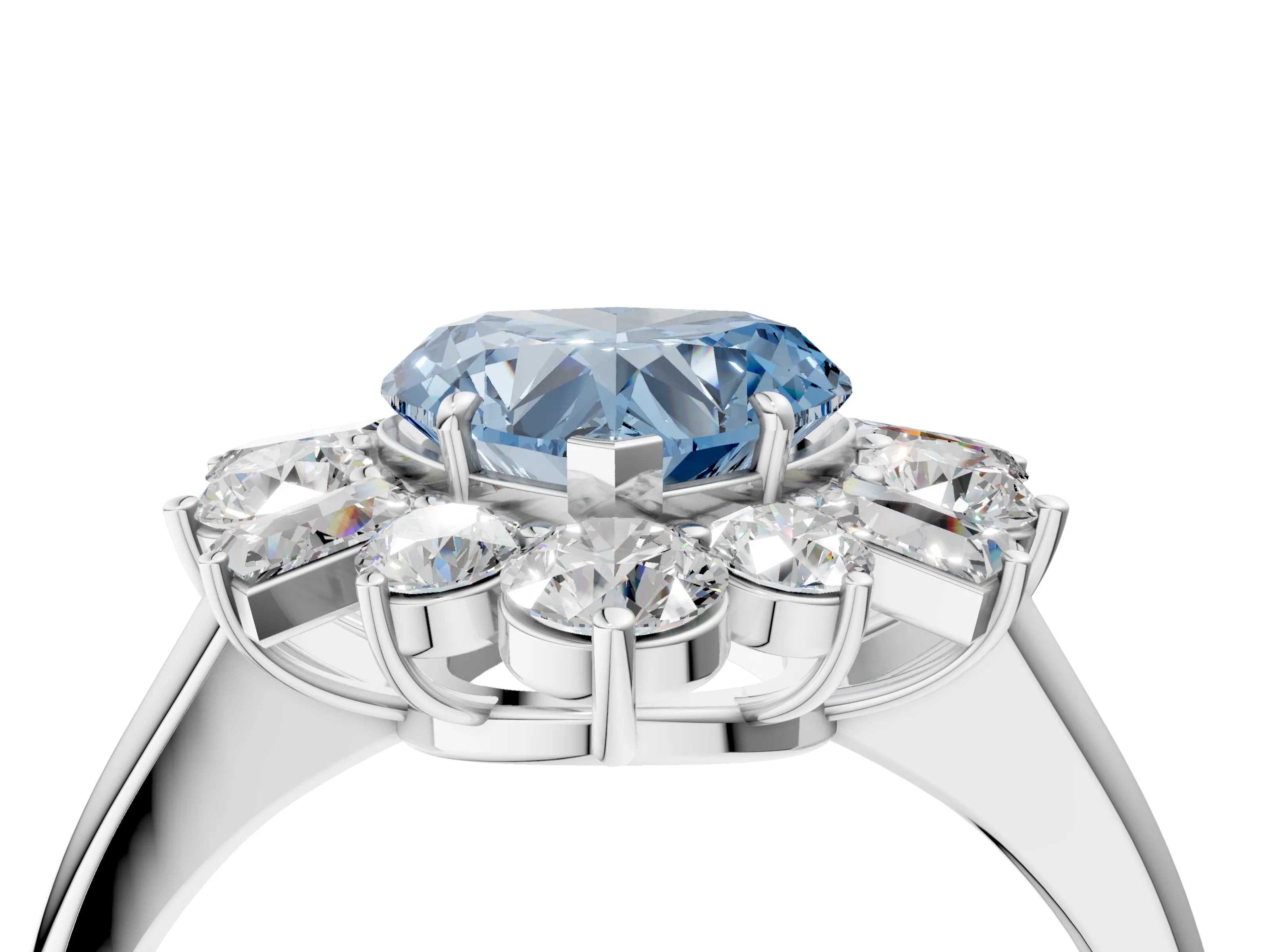 White gold Fancy Blue Heart Cut Diamond Cluster Ring with Round and Baguette Stones, Split Shank Band, Prong Setting_4