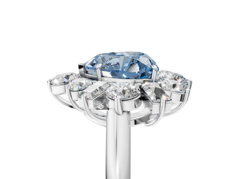 White gold Fancy Blue Heart Cut Diamond Cluster Ring with Round and Baguette Stones, Split Shank Band, Prong Setting_5