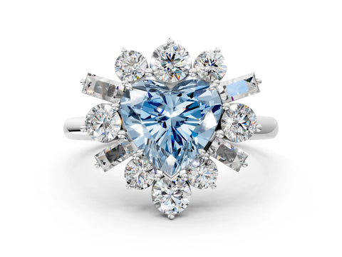 White gold Fancy Blue Heart Cut Diamond Cluster Ring with Round and Baguette Stones, Split Shank Band, Prong Setting