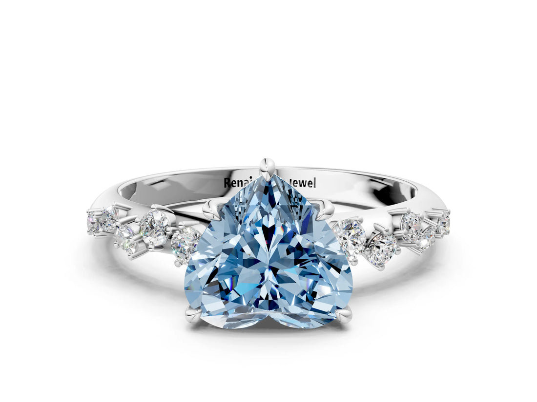 White gold Fancy Blue Heart Cut Diamond Cluster Side Stone Solitaire Ring with Prong Setting_94