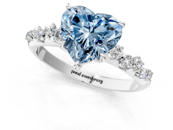 Platinum Fancy Blue Heart Cut Diamond Cluster Side Stone Solitaire Ring with Prong Setting