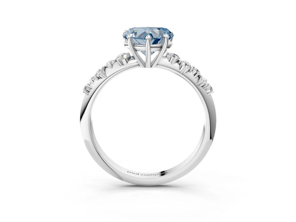 Platinum Fancy Blue Heart Cut Diamond Cluster Side Stone Solitaire Ring with Prong Setting