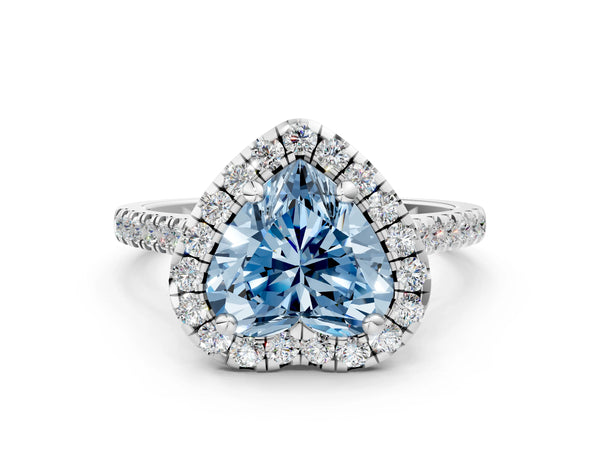Platinum Fancy Blue Heart Cut Diamond Cushion Halo Ring with Pavé Band