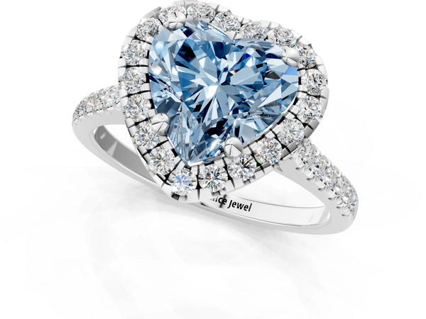Platinum Fancy Blue Heart Cut Diamond Cushion Halo Ring with Pavé Band