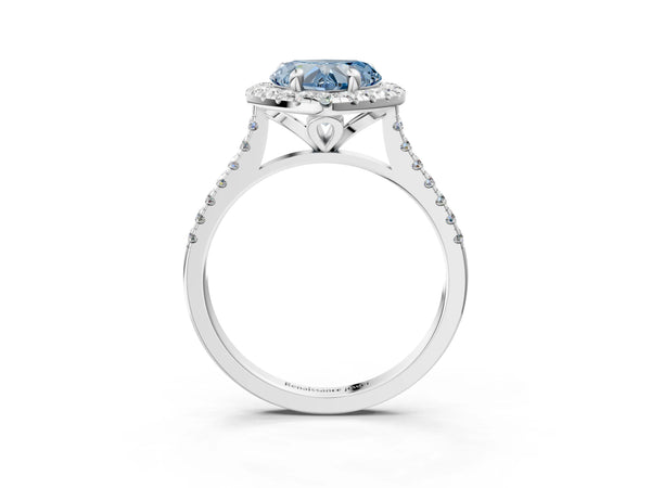 Platinum Fancy Blue Heart Cut Diamond Cushion Halo Ring with Pavé Band