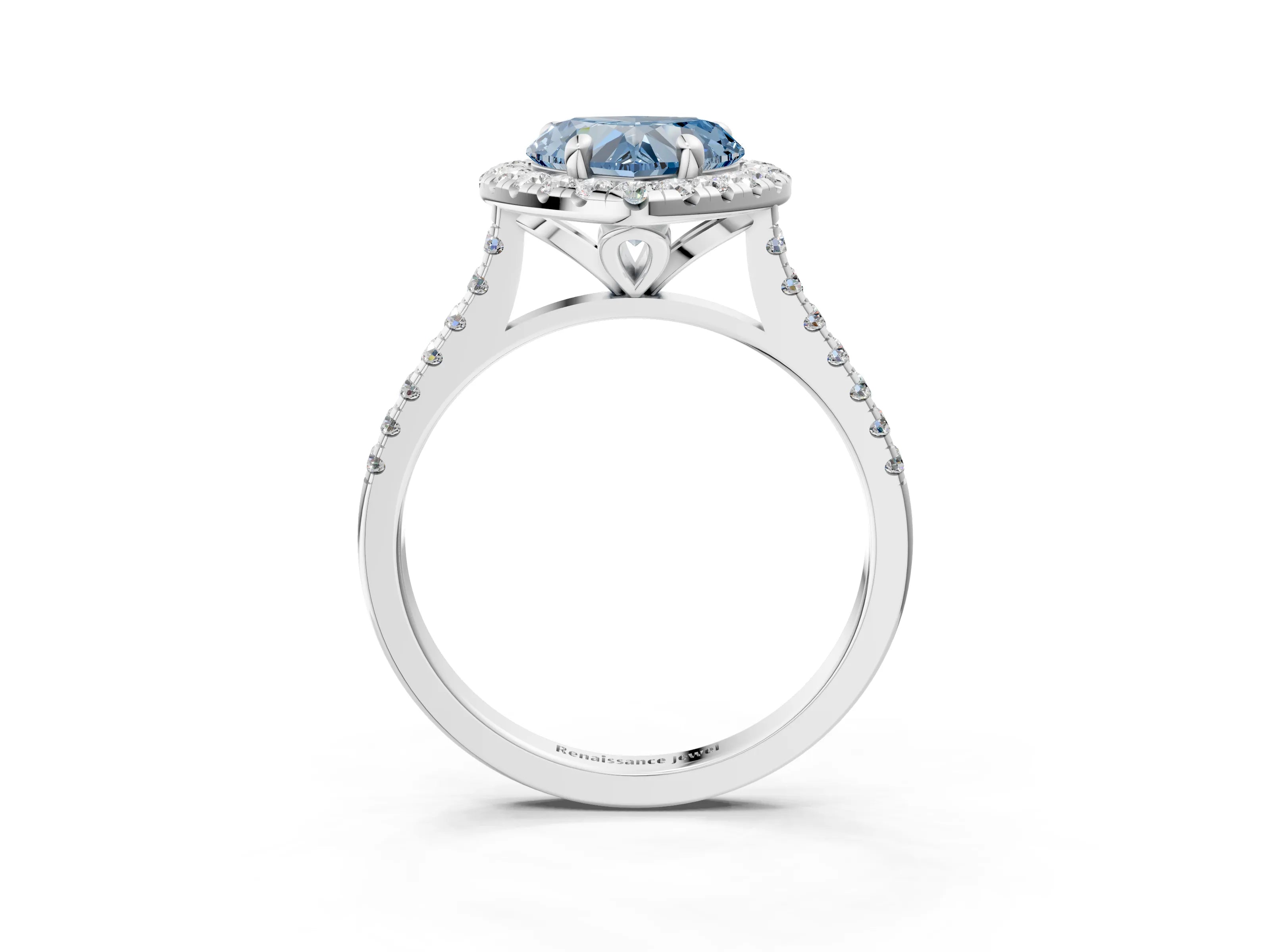 White gold Fancy Blue Heart Cut Diamond Cushion Halo Ring with Pavé Band_3