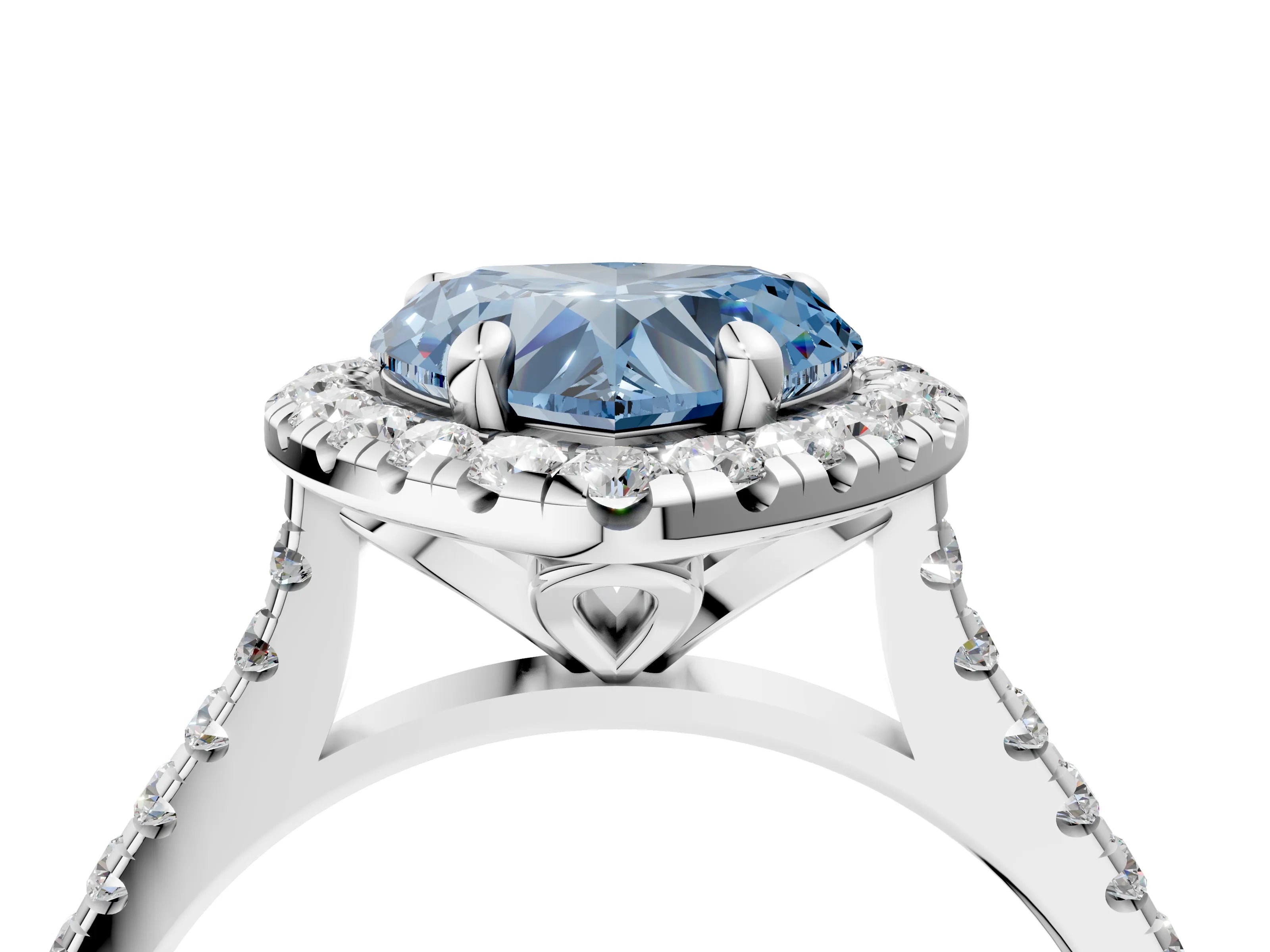 White gold Fancy Blue Heart Cut Diamond Cushion Halo Ring with Pavé Band_4