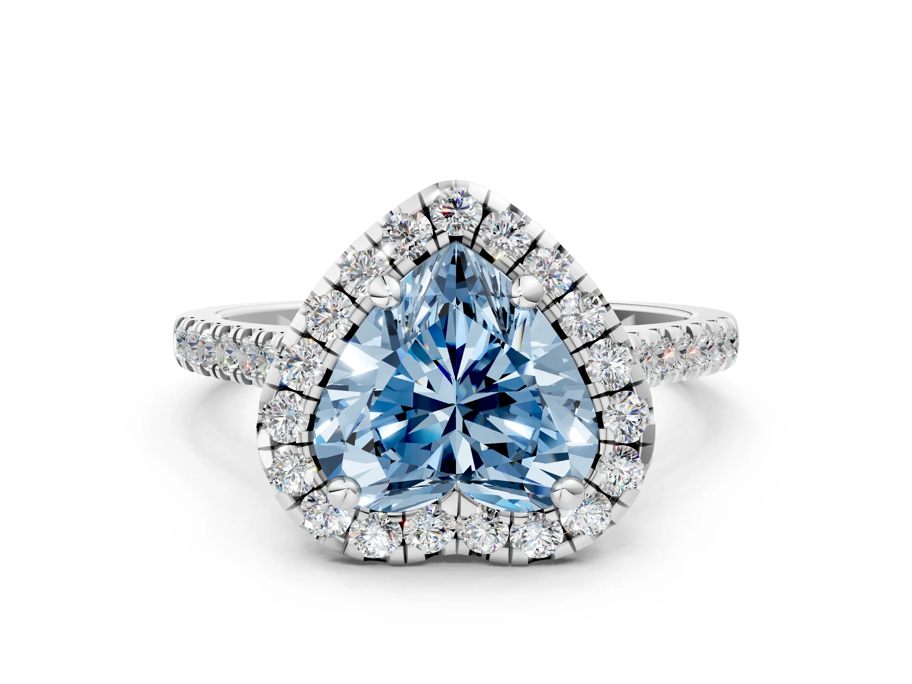 White gold Fancy Blue Heart Cut Diamond Cushion Halo Ring with Pavé Band