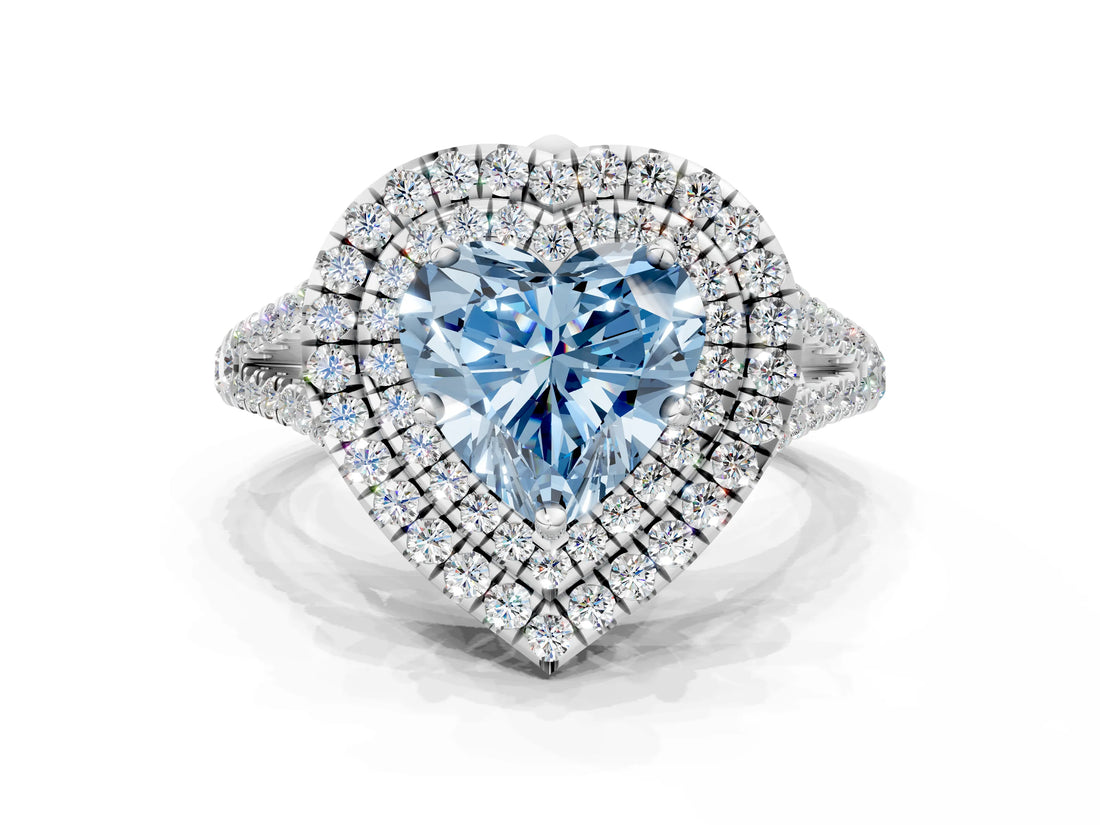 White gold Fancy Blue Heart Cut Diamond Double Halo Ring with Pavé Band and Prong Setting_89
