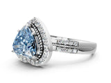 White gold Fancy Blue Heart Cut Diamond Double Halo Ring with Split Shank and Four-Prong Setting