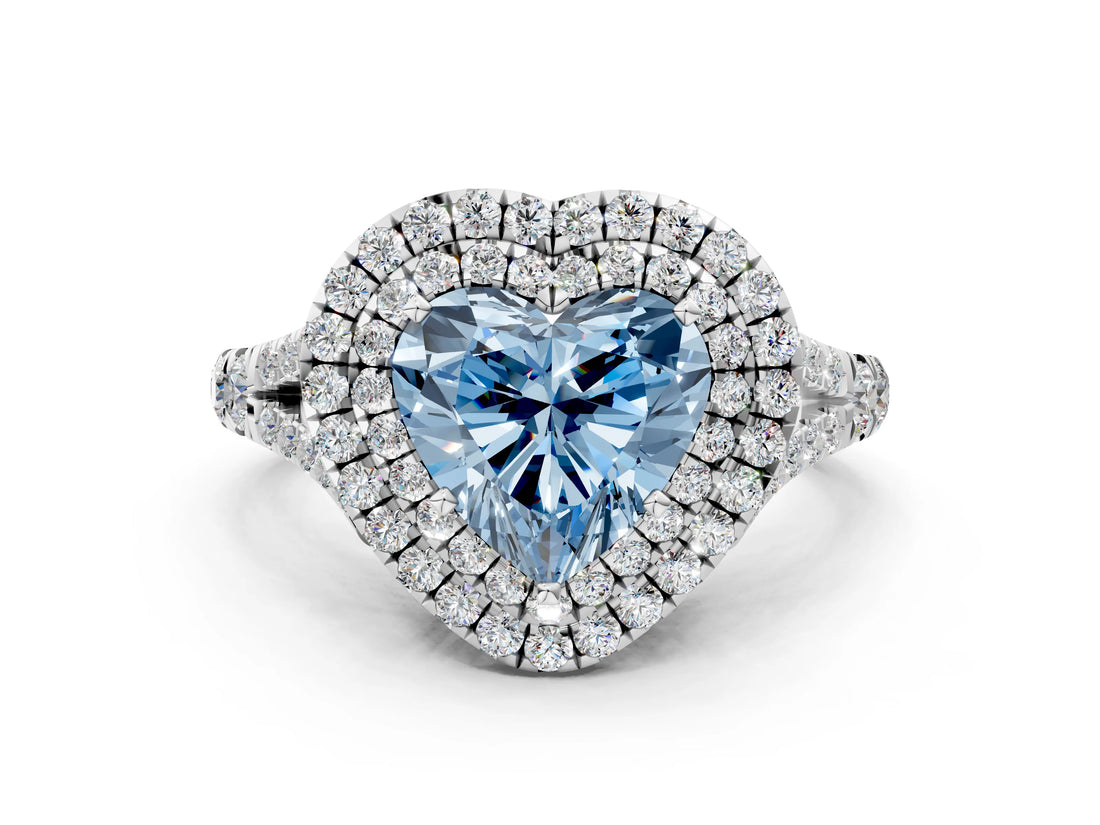 White gold Fancy Blue Heart Cut Diamond Double Halo Ring with Split Shank and Prong Setting_27