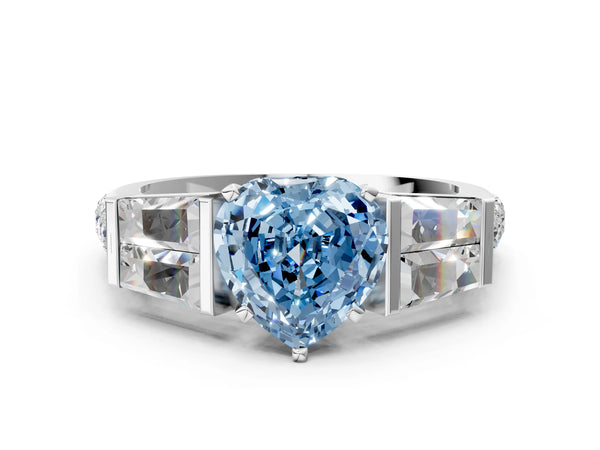 White gold Fancy Blue Heart Cut Diamond Engagement Ring with Baguette Side Stones and Channel Set Band