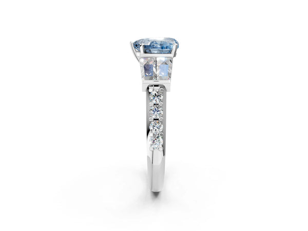 White gold Fancy Blue Heart Cut Diamond Engagement Ring with Baguette Side Stones and Channel Set Band