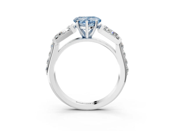 White gold Fancy Blue Heart Cut Diamond Engagement Ring with Baguette Side Stones and Channel Set Band