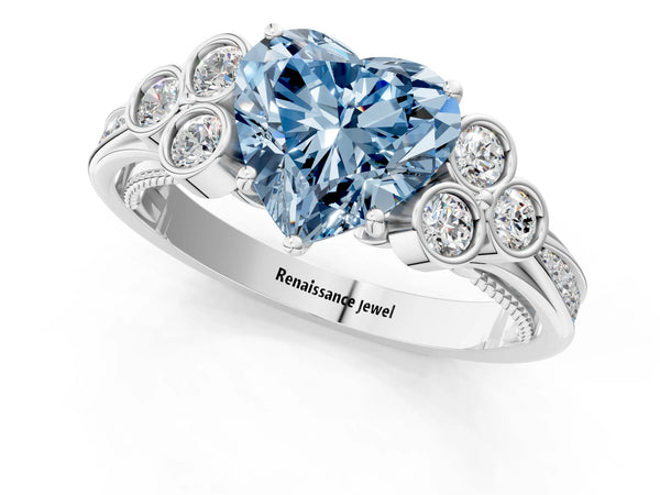 White gold Fancy Blue Heart  Cut Diamond Engagement Ring with Bezel Set Round Side Stones and Prong Setting