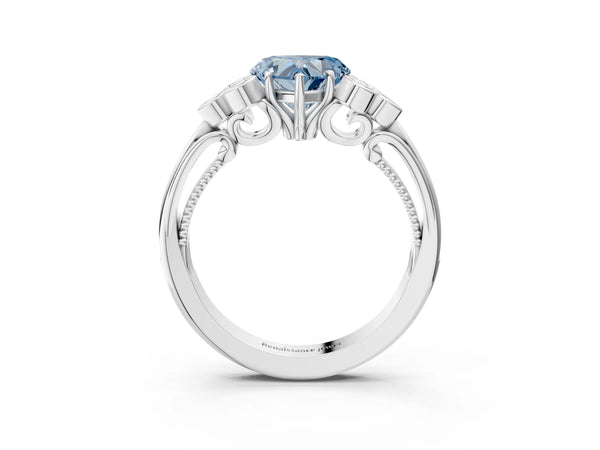 White gold Fancy Blue Heart  Cut Diamond Engagement Ring with Bezel Set Round Side Stones and Prong Setting