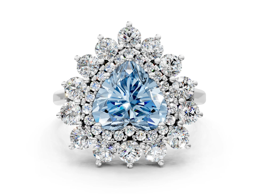 White gold Fancy Blue Heart Cut Diamond Floral Double Halo Engagement Ring with Prong Setting_84
