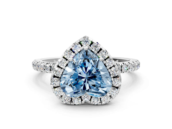 Platinum Fancy Blue Heart  Cut Diamond Floral Halo Engagement Ring with Pavé Band and Prong Setting
