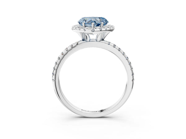 Platinum Fancy Blue Heart  Cut Diamond Floral Halo Engagement Ring with Pavé Band and Prong Setting