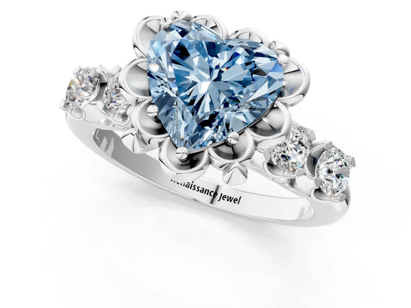White gold Fancy Blue Heart  Cut Diamond Floral Halo Engagement Ring with Shared Prong Setting