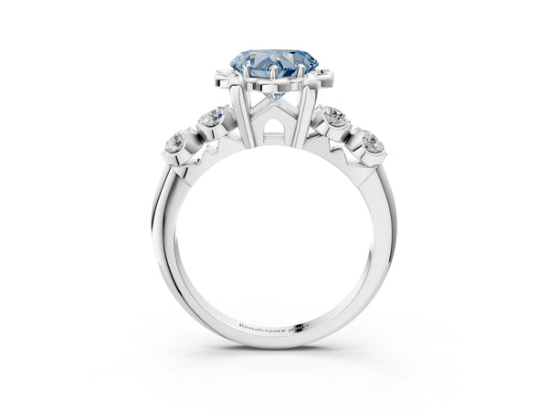 White gold Fancy Blue Heart  Cut Diamond Floral Halo Engagement Ring with Shared Prong Setting