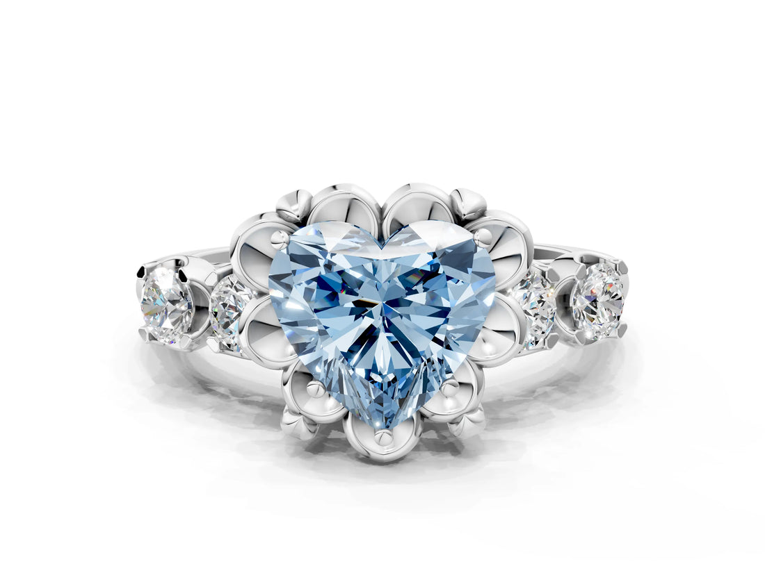 White gold Fancy Blue Heart  Cut Diamond Floral Halo Engagement Ring with Shared Prong Setting
