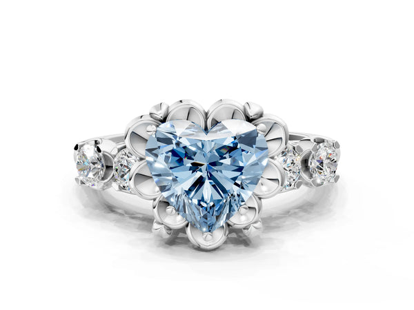 White gold Fancy Blue Heart  Cut Diamond Floral Halo Engagement Ring with Shared Prong Setting