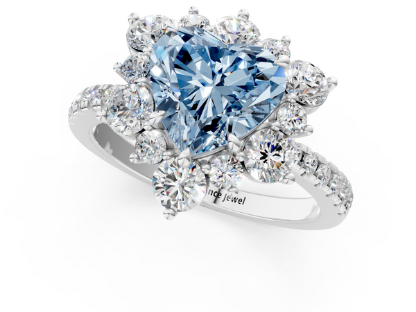 White gold Fancy Blue Heart  Cut Diamond Floral Halo Pave Band with Prong Setting