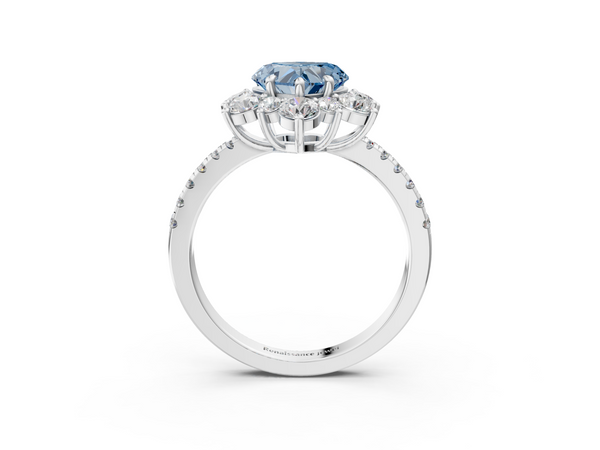 White gold Fancy Blue Heart  Cut Diamond Floral Halo Pave Band with Prong Setting