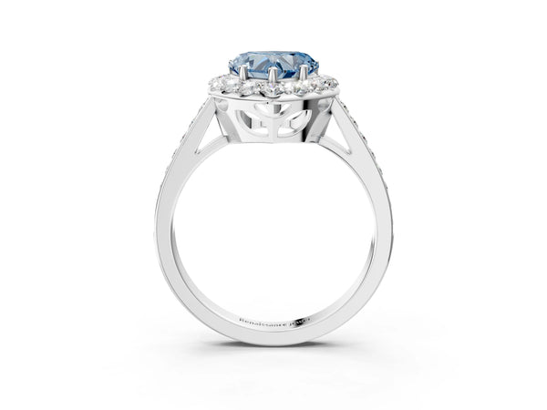 White gold Fancy Blue Heart Cut Diamond Floral Halo Ring with Pavé Band and Prong Setting